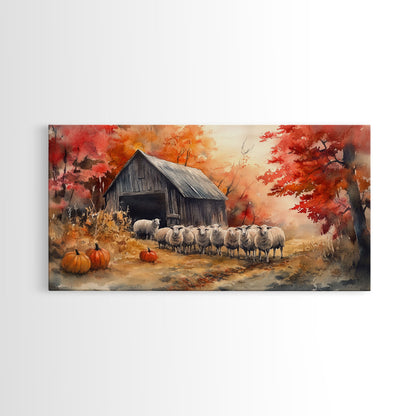 Framed Canvas Print Autumn Farm with Sheep and Pumpkins, Perfect Fall Decor, Rustic Country Home Wall Art, Seasonal Autumn Canvas Print