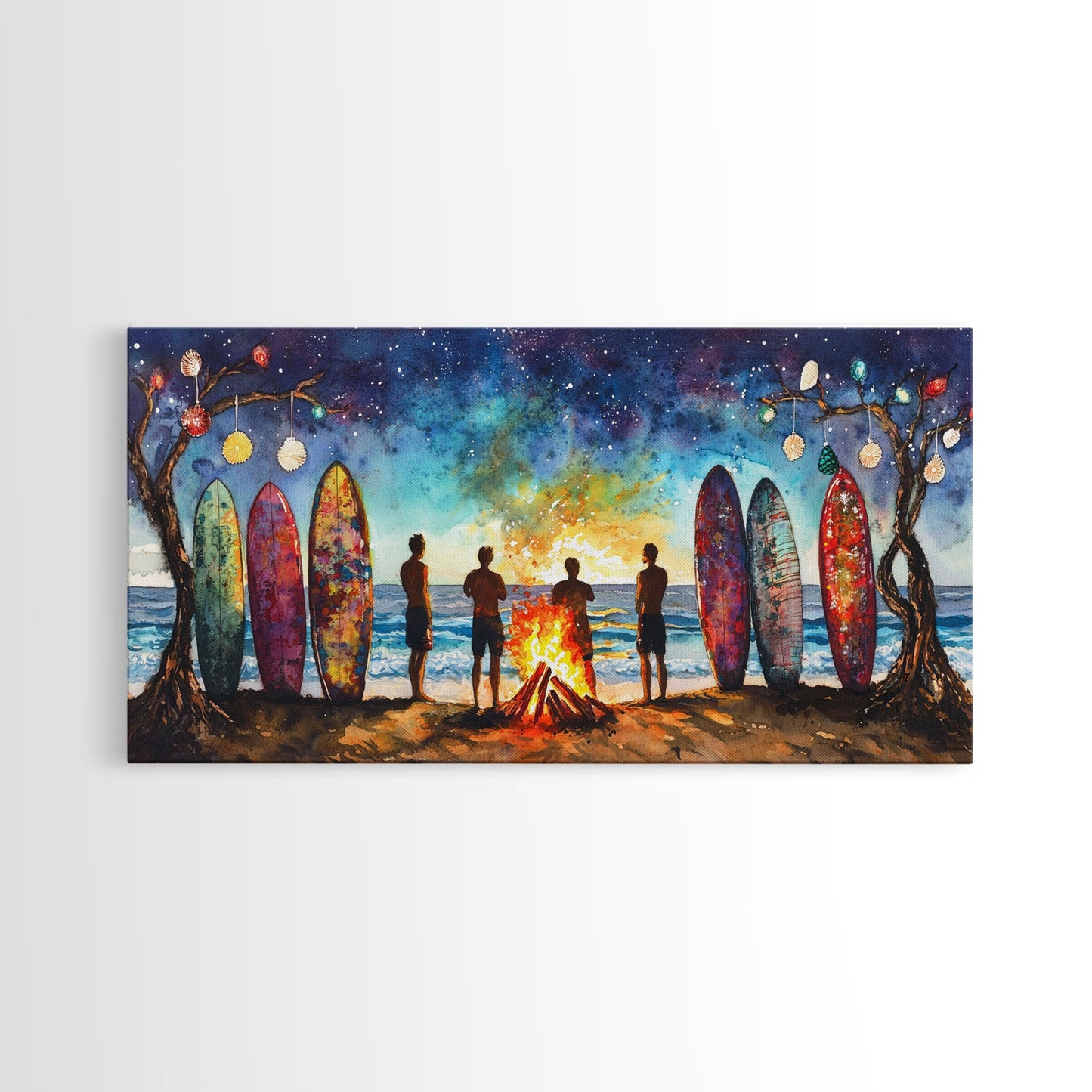 Canvas Print Beach Bonfire with Surfboards Under Stars, Coastal Christmas Art, Tropical Holiday Wall Art, Beach Christmas Decor