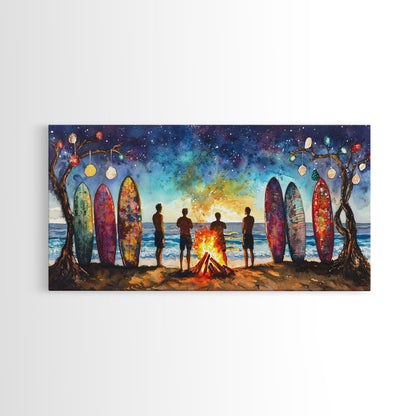 Canvas Print Beach Bonfire with Surfboards Under Stars, Coastal Christmas Art, Tropical Holiday Wall Art, Beach Christmas Decor