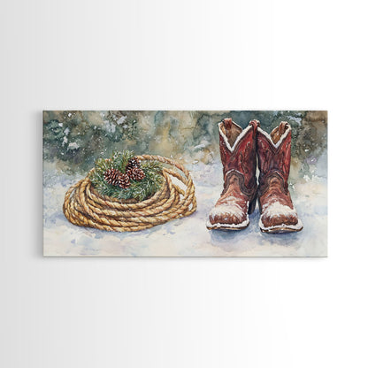 Canvas Print Cowboy Boots with Christmas Wreath and Rope, Rustic Christmas Decor, Winter Western Holiday Art, Farmhouse Wall Print