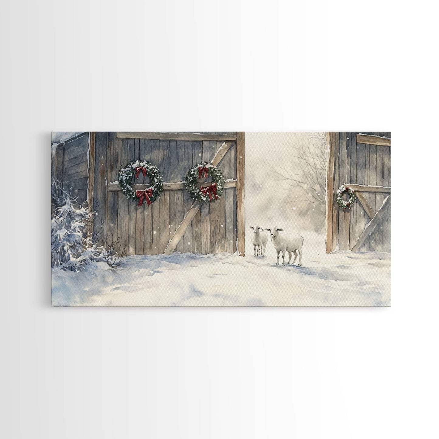 Christmas decor farmhouse Framed Canvas Print snowy barn Christmas scene holiday wall art best gift Christmas decor Christmas tree art 2024