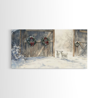 Christmas decor farmhouse Framed Canvas Print snowy barn Christmas scene holiday wall art best gift Christmas decor Christmas tree art 2024