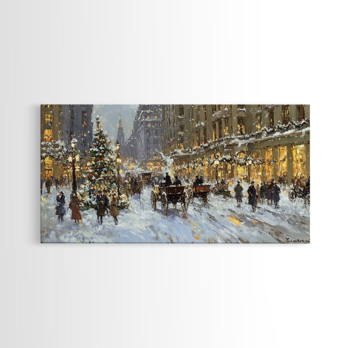 Bustling Christmas Street Scene Tall Art Framed Canvas Print Vintage Winter Holiday Scene With Horse-Drawn Carriages And Festive Lights