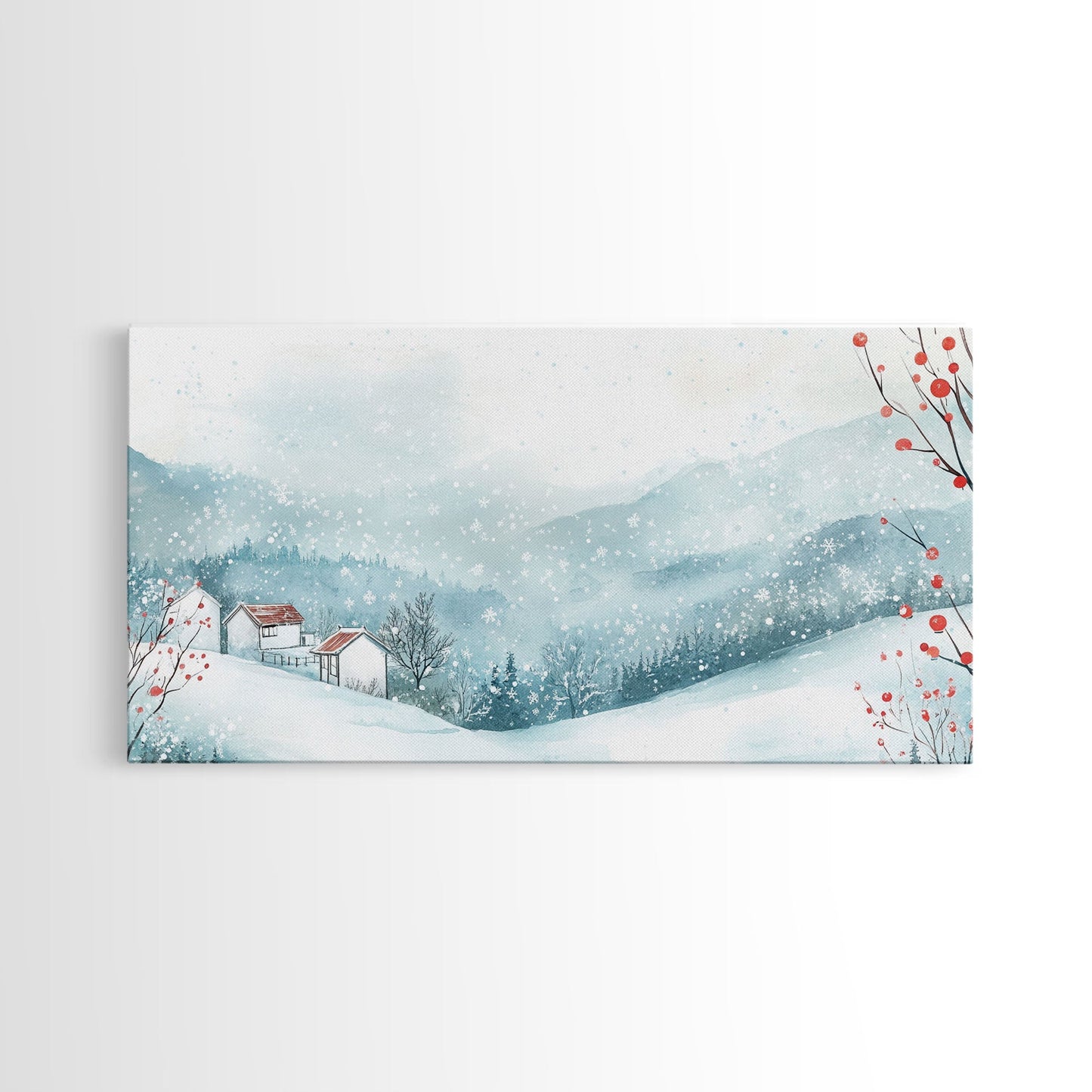 Winter mountain village art, snow-covered landscape, holiday wall art, winter wall decor, cozy winter home decor, framed canvas print