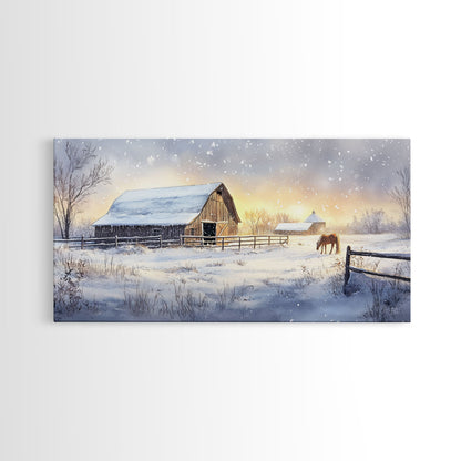 Rustic Barn in Winter Wonderland, Framed Canvas Print, Farmhouse Christmas Art, Christmas Wall Decor, Holiday Seasonal Wall Art, Gift Idea