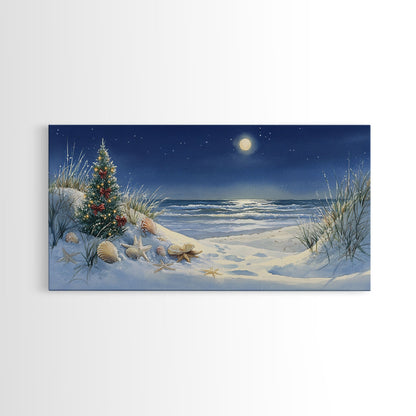 Christmas Tree on Snowy Beach with Full Moon, Framed Canvas Print, Coastal Christmas Art, Nautical Holiday Decor, Winter Wonderland, Beach