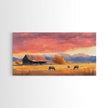 Rustic Mountain Barn Sunset Canvas Print | Autumn Farmhouse Wall Art | Fall Home Decor | Holiday Art Gift | Framed Canvas Print Wall Decor