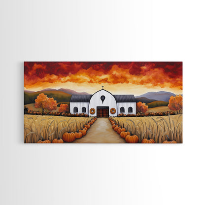 Autumn pumpkin farm with barn, canvas print, fall farmhouse decor, rustic autumn home decor, cozy fall harvest wall art for seasonal display