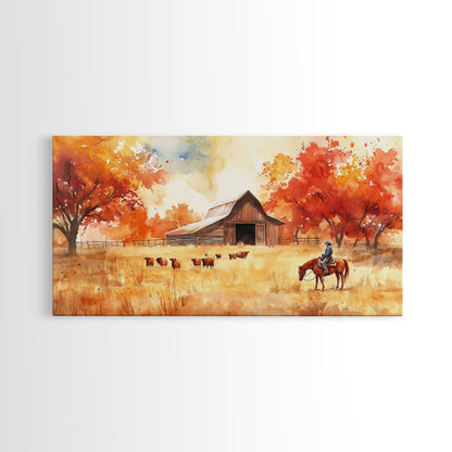 Cowboy on horse in autumn farm scene, framed canvas print, rustic fall decor, farmhouse home decor, cozy autumn landscape art, fall wall art