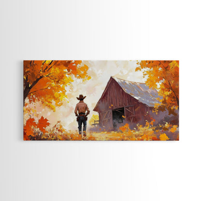 Cowboy and His Barn, Framed Canvas Print, Landscape Art Christmas Cowboy Holiday Art Wall Decor Seasonal