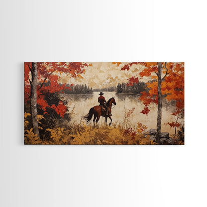 Cowboy on mountainside with red autumn leaves rugged cliffs, Framed Canvas Print, fall landscape wall art, western decor with warm colors