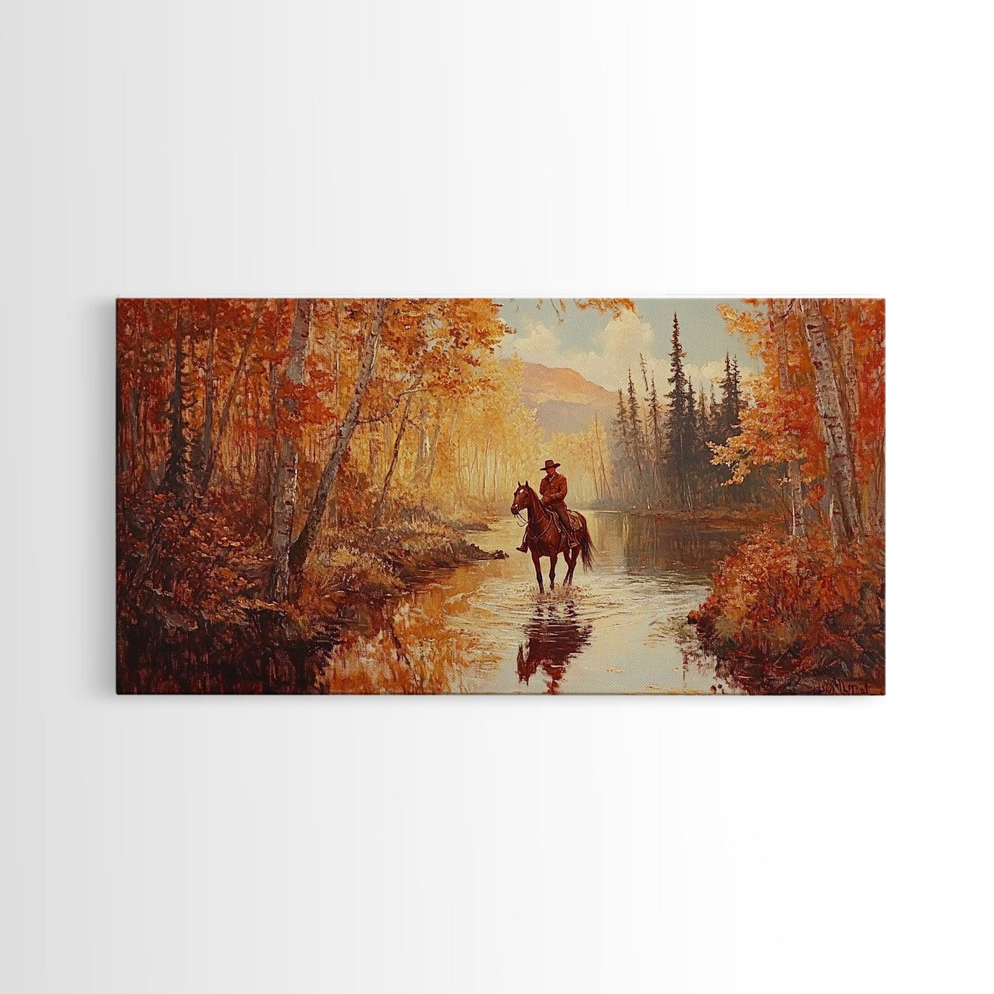 Black white cowboy riding toward snow-covered mountains, Framed Canvas Print, minimalist winter wall art, moody landscape, western decor