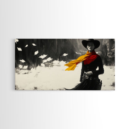 Bold Framed Canvas Print of a Cowgirl Riding Through Snow, Western Horse Art, Dynamic Winter Wall Decor and Christmas Holiday Gift Idea