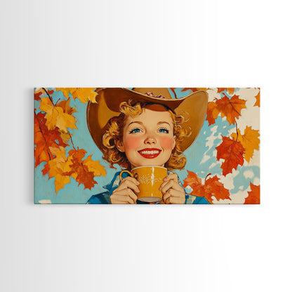 Cowgirl Having A Cup Of Joe, Framed Canvas Print, Farmhouse / Western Rustic Charm, Seasonal Art Piece to Warm Up Your Home Decor This Fall