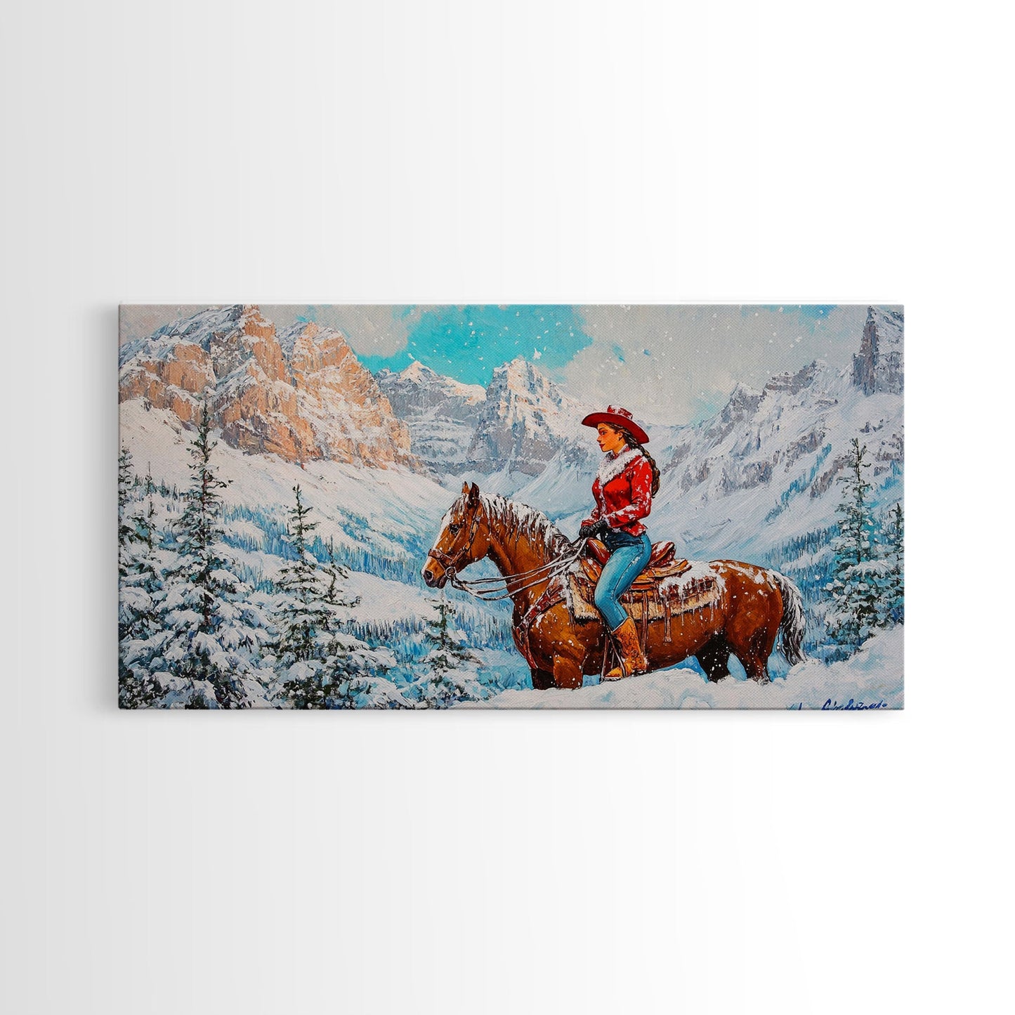 The Rider, Winter Cowgirl Framed Canvas Print, Farmhouse Western Decor, rustic winter wall art for holiday or seasonal decor