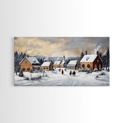 Snowy Village Church Scene, Rustic Christmas Landscape Wall Art, Winter Wonderland Framed Canvas Print, Country Holiday Home Decor