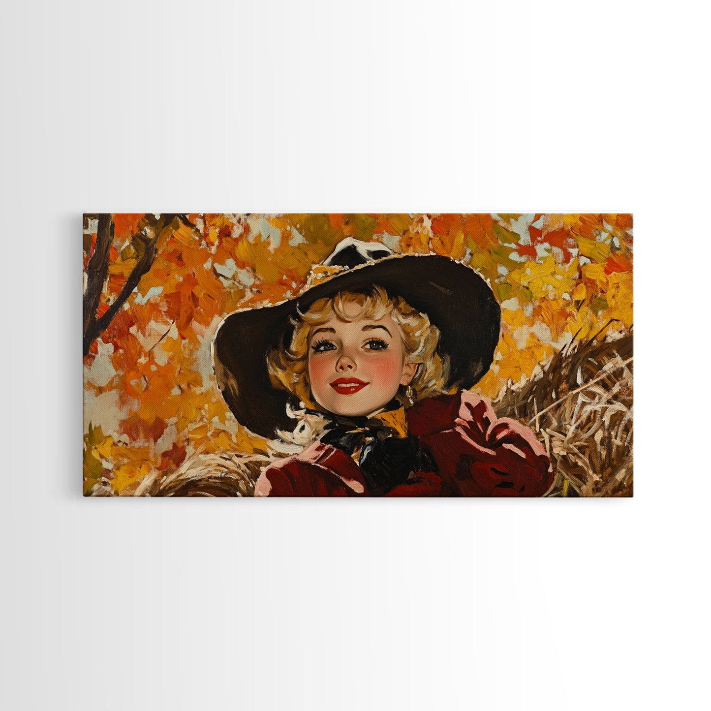 Cute Fall Cowgirl Amongst The Autumn Leaves, Gift or Autumn Decor, Perfect Addition to Home and Office Interiors