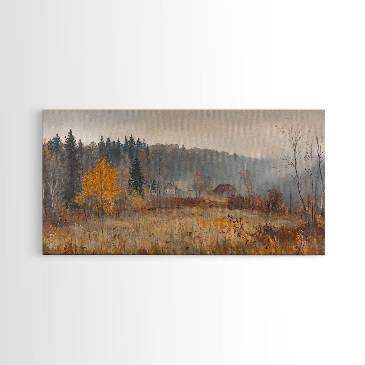 Early American Style Landscape Painting, Framed Canvas Print, Christmas Holiday Wall Art for Seasonal Winter Decor