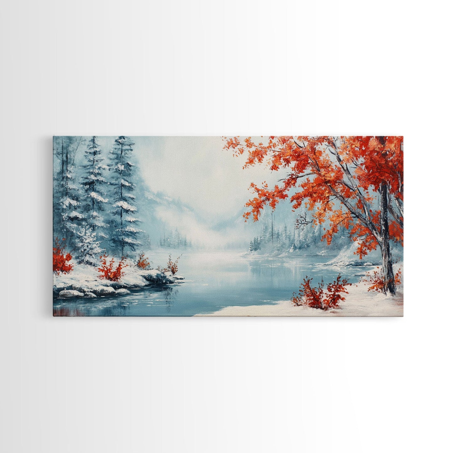 Painting Of A Forest In Winter, Framed Canvas Print with Wreaths, Perfect Christmas Holiday Decor, Ideal Winter Wall Art Gift