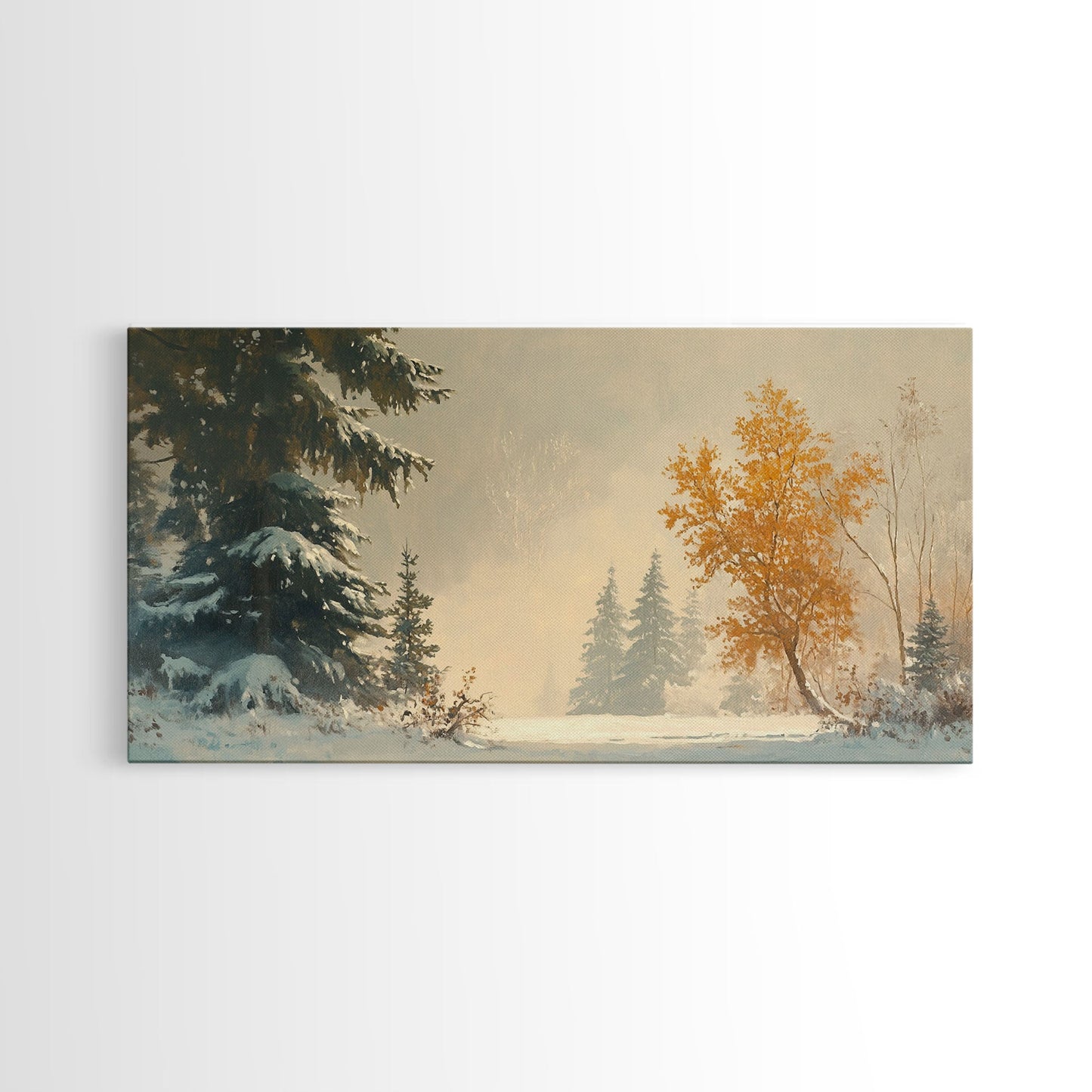 Subdued Winter Landscape, Moody Landscape Painting, Framed Canvas Print, classic Christmas wall art for holiday decor