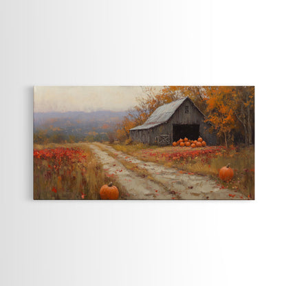 Scenic Country Farmhouse Autumn Harvest Framed Canvas Print with Pumpkins, Rustic Farmhouse Fall Art, Wall Decor, Seasonal Wall Art Gift