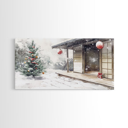Minimalist Japanese Christmas Scene Framed Canvas Print, Snowy Holiday Decor with Simple Tree and Lantern Perfect Holiday Art