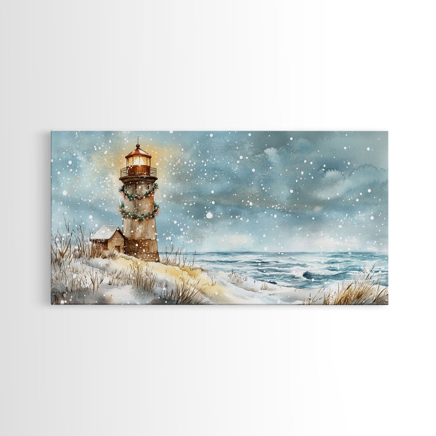 Coastal Christmas Lighthouse Decor Framed Canvas Print, Snowy Beach Scene with Holiday Wreath and Lighthouse Winter Wall Art