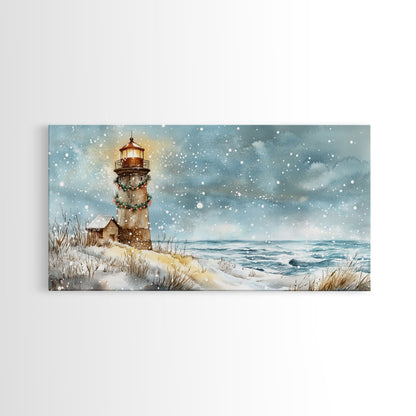 Coastal Christmas Lighthouse Decor Framed Canvas Print, Snowy Beach Scene with Holiday Wreath and Lighthouse Winter Wall Art