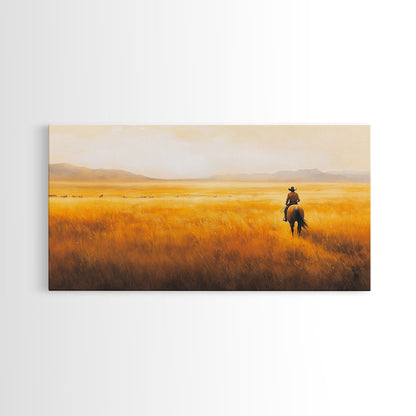 Herding Cattle Across Plains Framed Canvas Print Tall Art Rustic Autumn Landscape Western Country Decor Fall Home Wall Art Farmhouse Gift