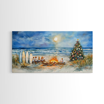 Christmas bonfire on the beach with surfboards and decorated tree, framed canvas print ideal tropical holiday wall art decor