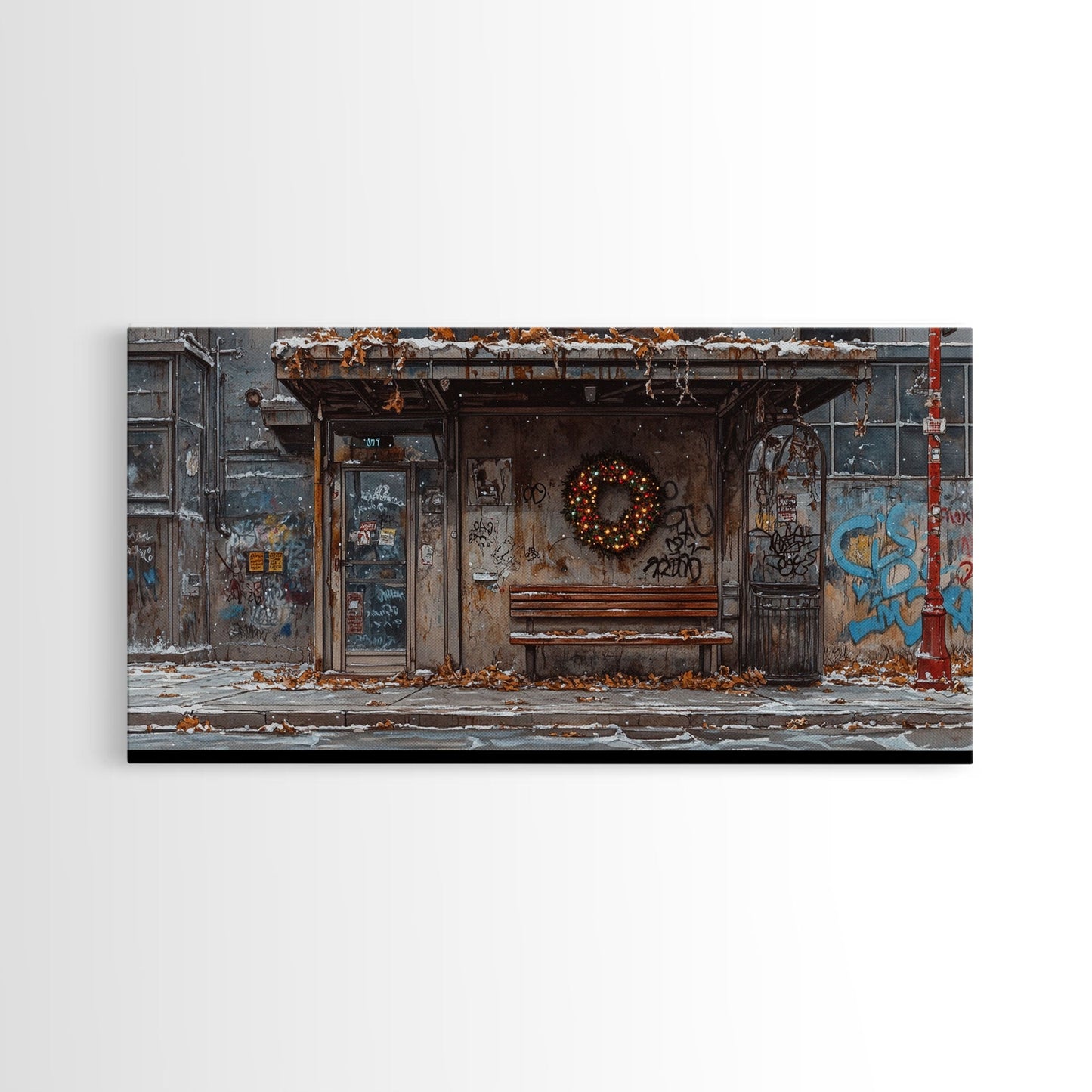 Urban Christmas street scene with wreath on a graffiti wall, framed canvas print perfect moody holiday decor winter wall art