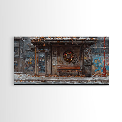 Urban Christmas street scene with wreath on a graffiti wall, framed canvas print perfect moody holiday decor winter wall art