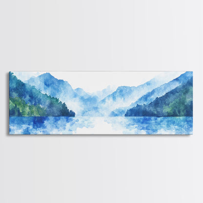 Reflections - Foggy Mountain Morning - Watercolor Painting Print - Wood Framed Wall Art - Panoramic Painting