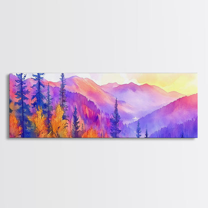 Purple Mountain Painting Framed Print, Canvas Art, Panoramic Extra Wide Wall Art