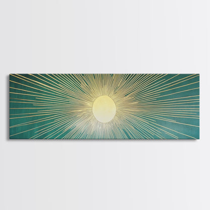 Eclectic Art Deco Sunburst Framed Canvas Print, Boho Style Wall Art, Emerald Green and Gold Extra Wide Art