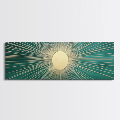 Emerald Green Sun Burst Wall Art, Art Deco Retro Vibes, Eclectic Home Decor, Emerand Green and Gold Horizontal Framed Canvas