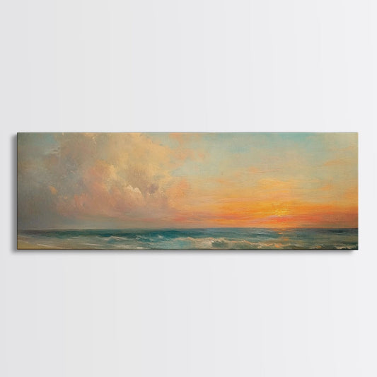 Dark and Moody Sescape Wall Art, Framed Panoramic Print, Beach Painting, Wide Vintage Horizontal Painting Print, Seascapes, Nautical Decor