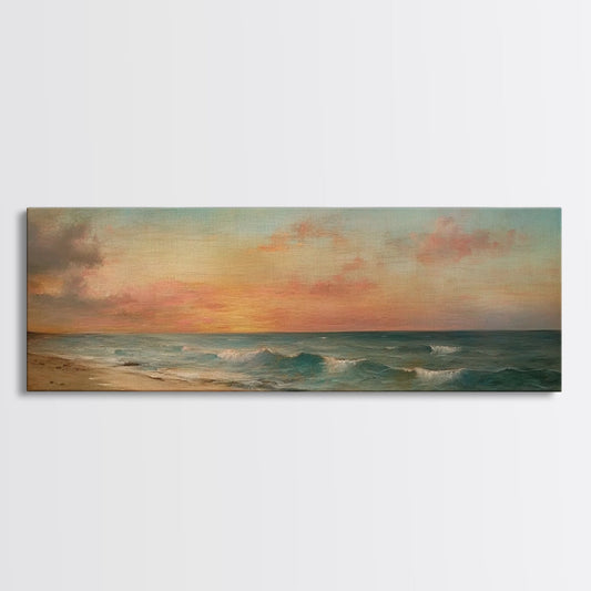 Vintage Style Beach / Seascape Painting Print, Dark and Moody, Beach at Sunset, Calm Decor, Panoramic Extra Wide Beach Painting