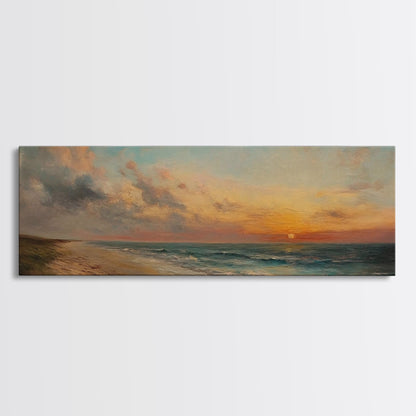 Muted Beach Framed Oil Painting Canvas Print, Minimalist Coastal Decor, Seascape Painting, Long / Horizontal Beach Wall Art, Panoramic Art