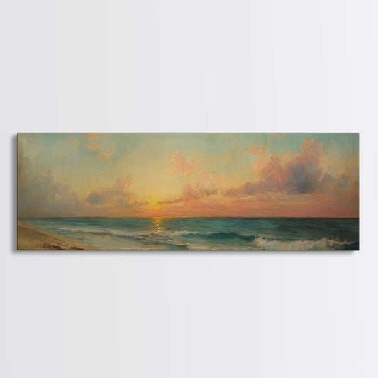 Sunset Over The Blue Ocean, Moody Panoramic Canvas Print, Minimalist Beach Seascape Painting, Boho Wall Art, Vintage Painting Print, Nautical Art