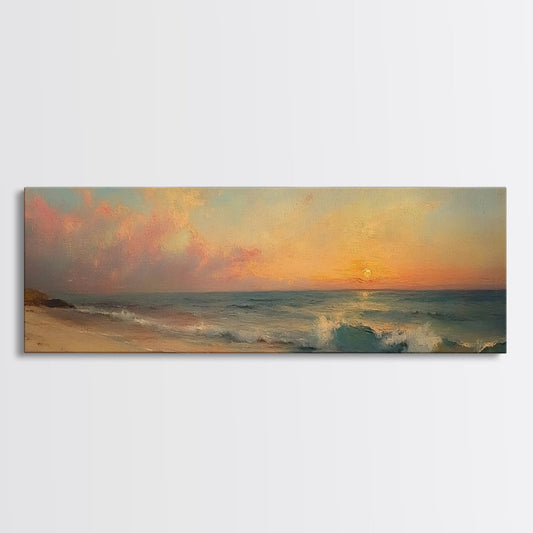 Ocean Waves Crash Into a Hidden Beach at Sunset, Framed Canvas Print, Panoramic Boho Seascape Painting