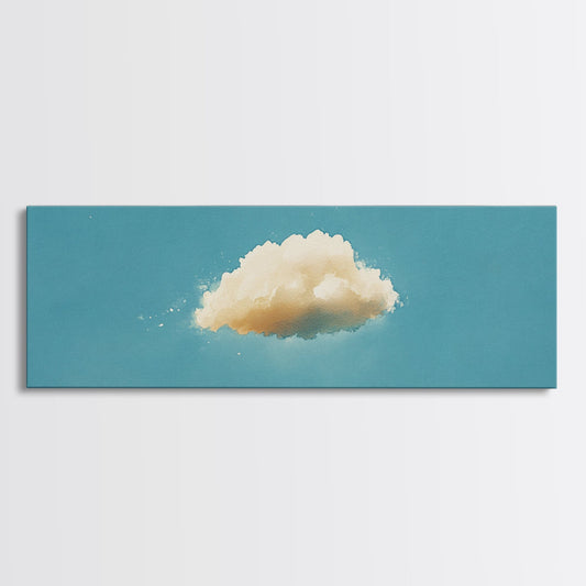 Watercolor Painting Print of a Single Cloud In a Blue Sky, Vintage Moody Cloud Print, Boho Ultrawide Above Bed Wall Art