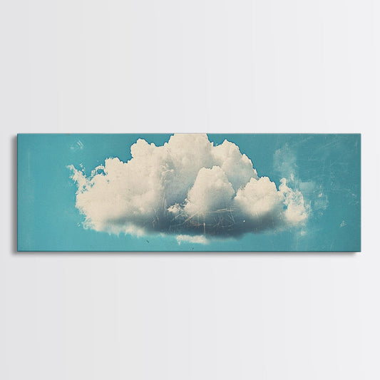 Framed Canvas Art, Sky Blue, Navy Blue Lonely Cloud Art, Minimalist Art Print, Panoramic Extra Wide Horizontal Art, Lonely Cloud