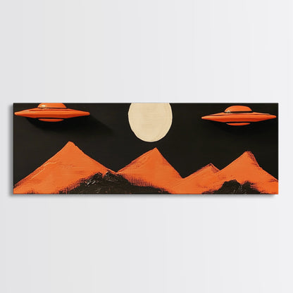 Orange Flying Saucers - UFO Art - Panoramic Print - Cute Alien Art - Nursery Decor