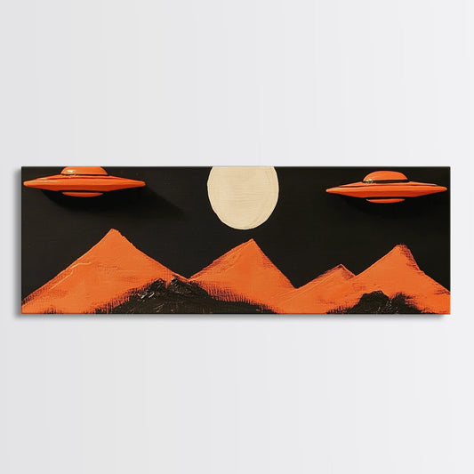 Orange Flying Saucers - UFO Art - Panoramic Print - Cute Alien Art - Nursery Decor
