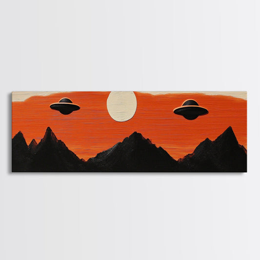 Fun Nursery Decor - Boy's Room Wall Art - Panoramic Flying Saucers or UFOs Art Print - Framed Canvas