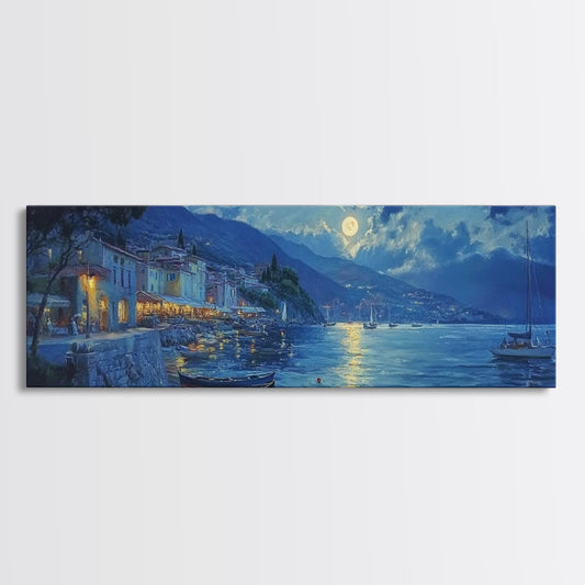 Fishing Village at Midnight Under a Full Moon, Framed Canvas Print, Panoramic Wall Art, Eclectic Boho Home Decor, Wide Oversized Wall Art