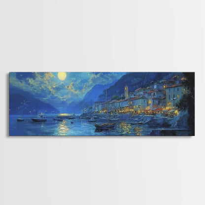 Midnight in Italy - Full Moon - Italian Oil Painting Canvas Print - Whimsical / Eclectic Landscape Painting - Minimalist Boho Home Decor