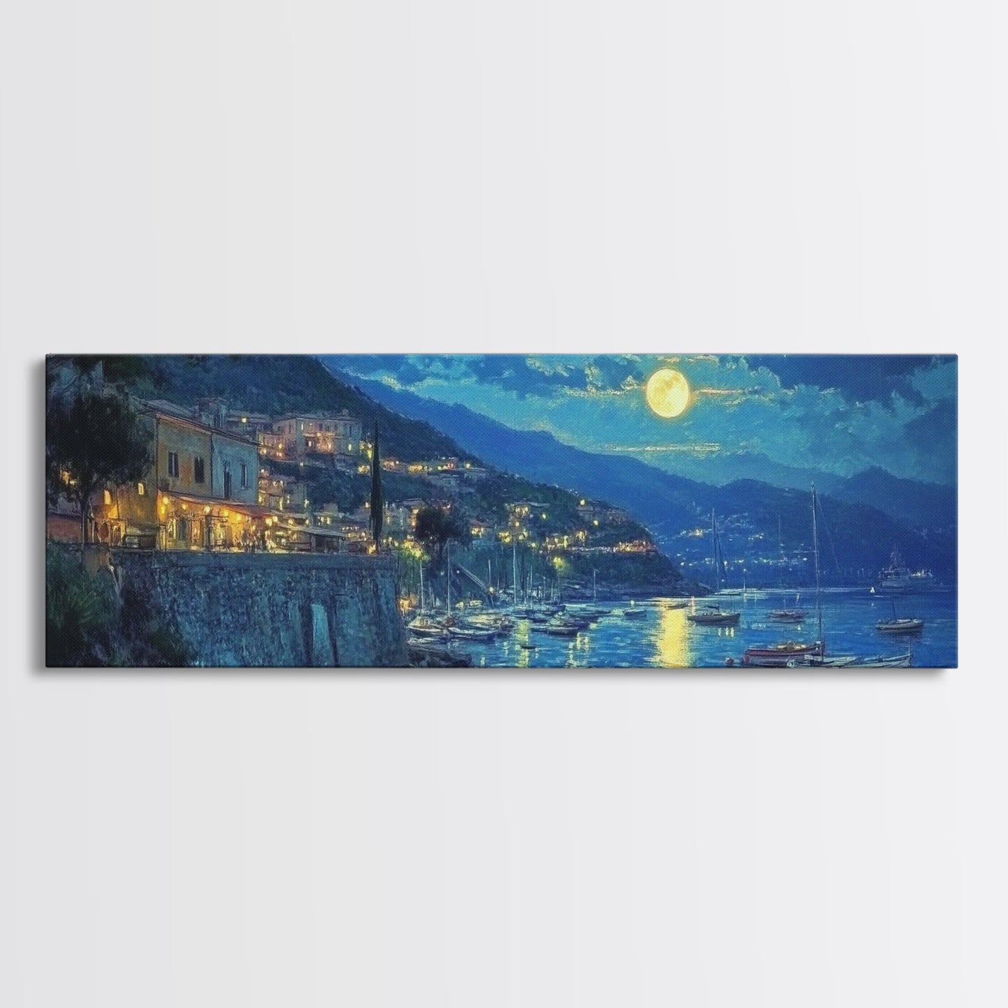 Greece at Midnight - Framed Canvas Print - Greek Fishing Village Under a Full Moon - Boho Wall Art - Moody Landscape Painting