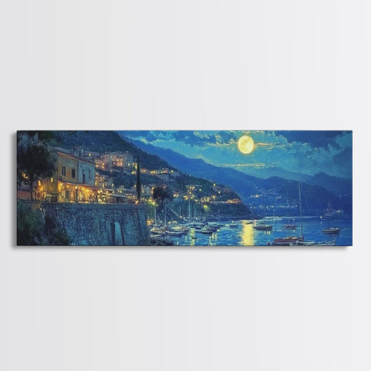 Greece at Midnight - Framed Canvas Print - Greek Fishing Village Under a Full Moon - Boho Wall Art - Moody Landscape Painting